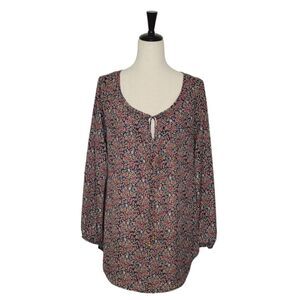 Living Doll Floral Patterned Scoop Neck Tie Long Sleeve Boho Tunic Top Size L